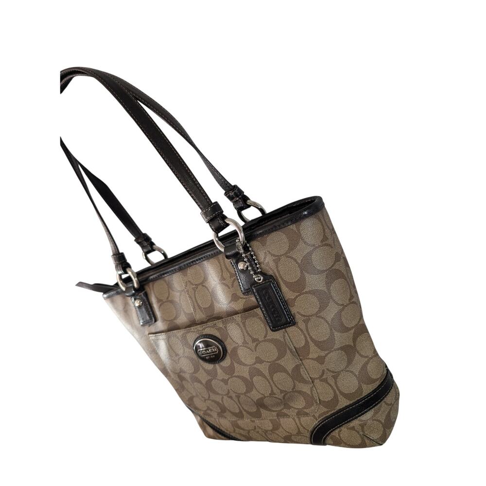 COACH! LUXE BROWN GENUINE LEATHER & TAN MONOGRAM PEYTON HANDBAG, PURSE, BAG! - Picture 7 of 14
